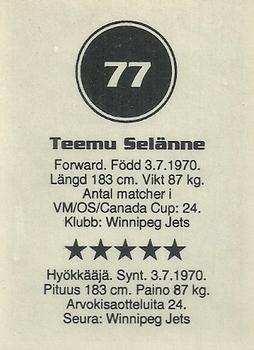 1993 Semic Hockey VM/Jaakiekon MM (Swedish/Finnish) Stickers #77 Teemu Selanne Back