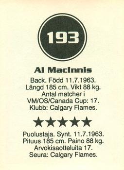 1993 Semic Hockey VM/Jaakiekon MM (Swedish/Finnish) Stickers #193 Al MacInnis Back