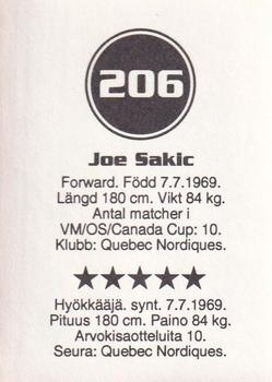 1993 Semic Hockey VM/Jaakiekon MM (Swedish/Finnish) Stickers #206 Joe Sakic Back