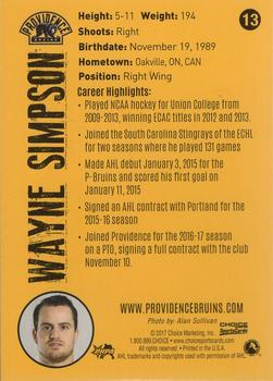 2016-17 Choice Providence Bruins (AHL) #13 Wayne Simpson Back