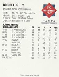 1992-93 Tampa Bay Lightning #NNO Bob Beers Back