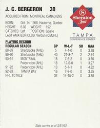 1992-93 Tampa Bay Lightning #NNO Jean-Claude Bergeron Back
