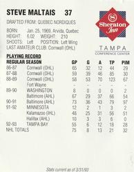 1992-93 Tampa Bay Lightning #NNO Steve Maltais Back