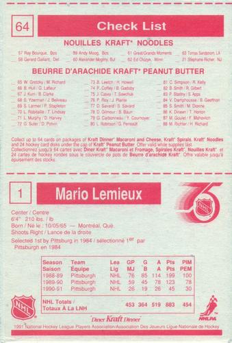 1991-92 Kraft - Panels #1 / 64 Mario Lemieux / Checklist Back