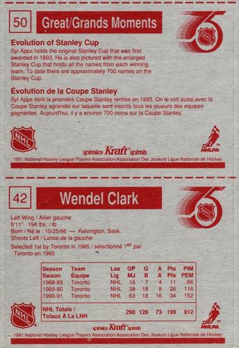 1991-92 Kraft - Panels #42 / 50 Wendel Clark / Great Moments Back