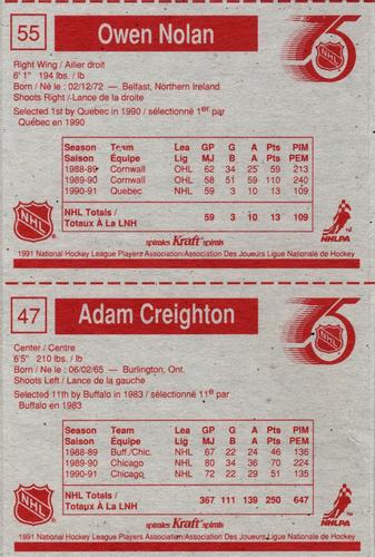 1991-92 Kraft - Panels #47 / 55 Adam Creighton / Owen Nolan Back