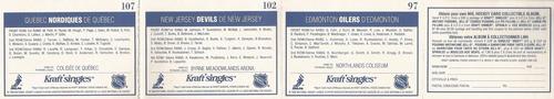1990-91 Kraft - Panels #97 / 102 / 107 Album Order / Edmonton Oilers / New Jersey Devils / Quebec Nordiques Back