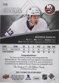 2016-17 Upper Deck Ultimate Collection - z Ultimate Rookies Autographs #114 Mathew Barzal Back