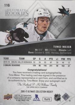 2016-17 Upper Deck Ultimate Collection - z Ultimate Rookies Autographs #116 Timo Meier Back