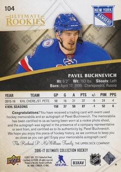 2016-17 Upper Deck Ultimate Collection - Ultimate Rookies Autograph Patch Gold #104 Pavel Buchnevich Back