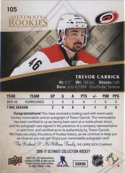 2016-17 Upper Deck Ultimate Collection - Ultimate Rookies Autograph Patch Gold #105 Trevor Carrick Back