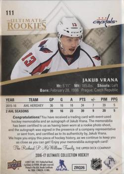 2016-17 Upper Deck Ultimate Collection - Ultimate Rookies Autograph Patch Gold #111 Jakub Vrana Back