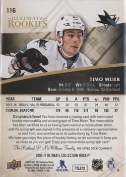 2016-17 Upper Deck Ultimate Collection - Ultimate Rookies Autograph Patch Gold #116 Timo Meier Back