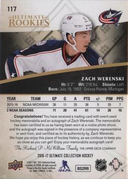 2016-17 Upper Deck Ultimate Collection - Ultimate Rookies Autograph Patch Gold #117 Zach Werenski Back