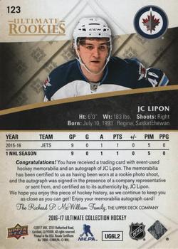 2016-17 Upper Deck Ultimate Collection - Ultimate Rookies Autograph Patch Gold #123 J.C. Lipon Back