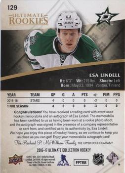 2016-17 Upper Deck Ultimate Collection - Ultimate Rookies Autograph Patch Gold #129 Esa Lindell Back