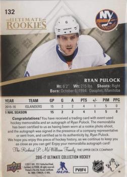 2016-17 Upper Deck Ultimate Collection - Ultimate Rookies Autograph Patch Gold #132 Ryan Pulock Back