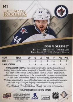 2016-17 Upper Deck Ultimate Collection - Ultimate Rookies Autograph Patch Gold #141 Josh Morrissey Back