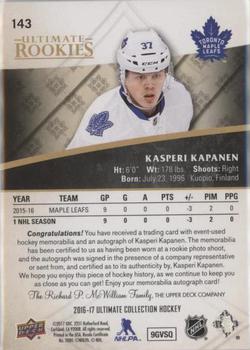2016-17 Upper Deck Ultimate Collection - Ultimate Rookies Autograph Patch Gold #143 Kasperi Kapanen Back