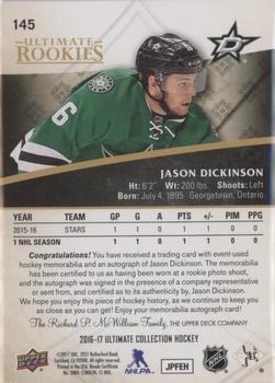2016-17 Upper Deck Ultimate Collection - Ultimate Rookies Autograph Patch Gold #145 Jason Dickinson Back