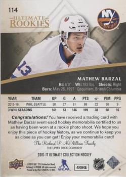 2016-17 Upper Deck Ultimate Collection - Ultimate Rookies Jersey Silver #114 Mathew Barzal Back
