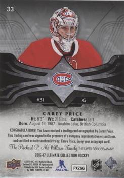 2016-17 Upper Deck Ultimate Collection - Base Autographs Gold #33 Carey Price Back