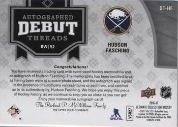 2016-17 Upper Deck Ultimate Collection - Autographed Debut Threads Patch #DT-HF Hudson Fasching Back