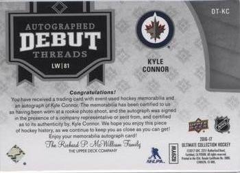 2016-17 Upper Deck Ultimate Collection - Autographed Debut Threads Patch #DT-KC Kyle Connor Back