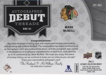 2016-17 Upper Deck Ultimate Collection - Autographed Debut Threads Patch #DT-MC Mark McNeill Back