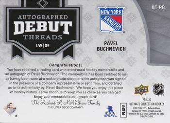 2016-17 Upper Deck Ultimate Collection - Autographed Debut Threads Patch #DT-PB Pavel Buchnevich Back