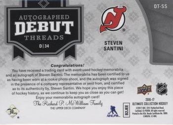 2016-17 Upper Deck Ultimate Collection - Autographed Debut Threads Patch #DT-SS Steven Santini Back
