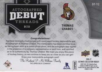 2016-17 Upper Deck Ultimate Collection - Autographed Debut Threads Patch #DT-TC Thomas Chabot Back