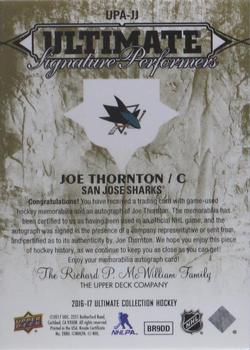 2016-17 Upper Deck Ultimate Collection - Ultimate Performers Autographs Gold Patch #UPA-JJ Joe Thornton Back