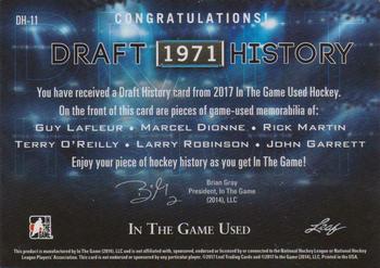 2017 Leaf In The Game Used - Draft History Relics #DH-11 Guy Lafleur / Marcel Dionne / Rick Martin / Terry O'Reilly / Larry Robinson / John Garrett Back