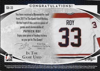 2017 Leaf In The Game Used - Game-Used Jersey #GU-33 Patrick Roy Back