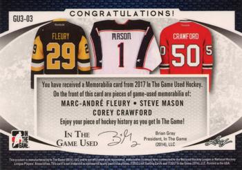 2017 Leaf In The Game Used - Triple Game-Used Jersey #GU3-03 Marc-André Fleury / Steve Mason / Corey Crawford Back