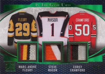 2017 Leaf In The Game Used - Triple Game-Used Patch Green Spectrum Foil #GUP3-03 Marc-André Fleury / Steve Mason / Corey Crawford Front