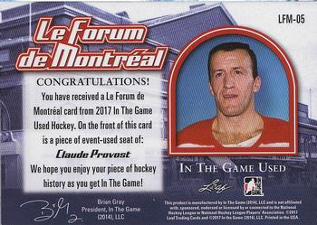 2017 Leaf In The Game Used - Le Forum de Montreal #LFM-05 Claude Provost Back