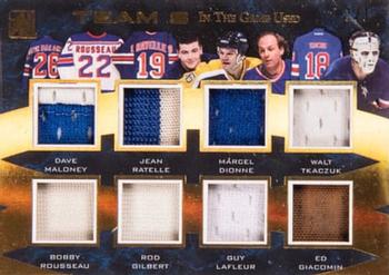 2017 Leaf In The Game Used - Team 8s Gold Spectrum Foil #T8-05 Dave Maloney / Bobby Rousseau / Jean Ratelle / Rod Gilbert / Marcel Dionne / Guy Lafleur / Walt Tkaczuk / Ed Giacomin Front