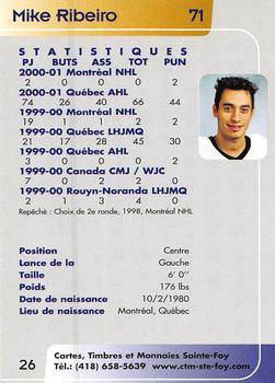 2001-02 Cartes, Timbres et Monnaies Sainte-Foy Quebec Citadelles (AHL) #26 Mike Ribeiro Back
