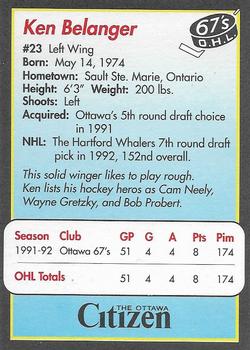 1992-93 Ottawa 67's (OHL) 25th Anniversary #NNO Ken Belanger Back