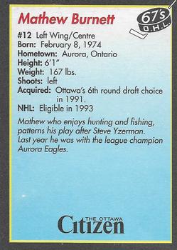 1992-93 Ottawa 67's (OHL) 25th Anniversary #NNO Mathew Burnett Back