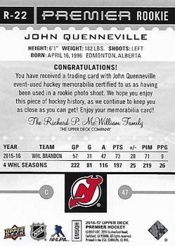 2016-17 Upper Deck Premier - Rookies - Jersey #R-22 John Quenneville Back
