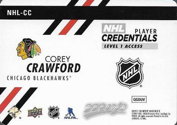 2017-18 Upper Deck MVP - NHL Player Credentials Level 1 Access #NHL-CC Corey Crawford Back