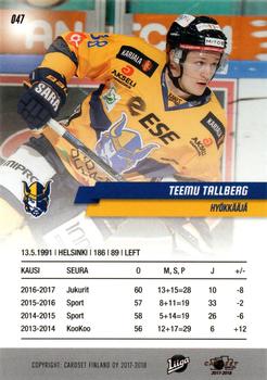 2017-18 Cardset Finland #047 Teemu Tallberg Back