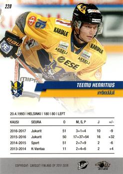 2017-18 Cardset Finland #220 Teemu Henritius Back