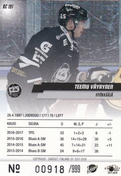 2017-18 Cardset Finland - Rookies (Series One) #RC 191 Teemu Väyrynen Back