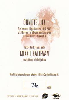 2017-18 Cardset Finland - Signature (Series One) #NNO Mikko Kalteva Back