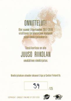 2017-18 Cardset Finland - Signature (Series One) #NNO Juuso Riikola Back