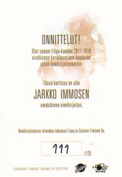 2017-18 Cardset Finland - Signature (Series One) #NNO Jarkko Immonen Back